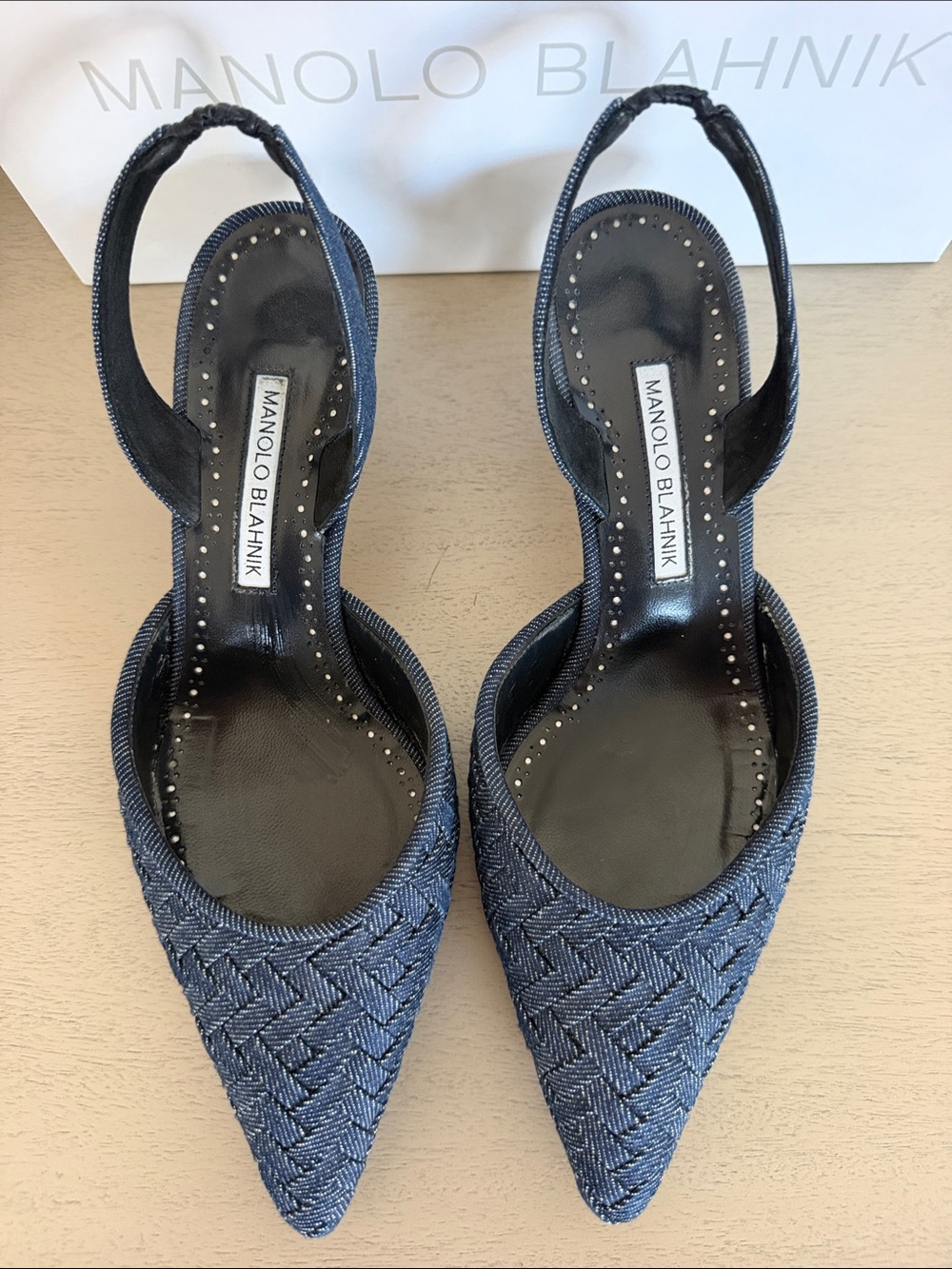 Manolo Blahnik Denim Woven Pointed Slingback Heels - Picture 2 of 8